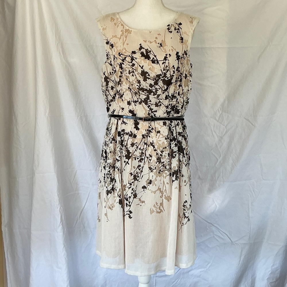 Liz Claiborne Cream Dress with Brown Floral Print and Black Belt